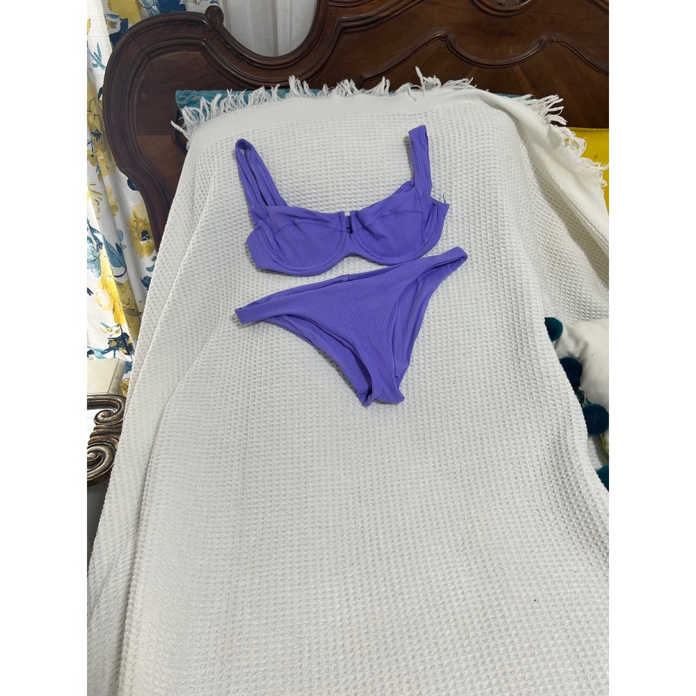 L*Space Two Piece Bikini Swimsuit Purple Ribbed Bra Top Beach Pool Med L Space - Picture 11 of 14